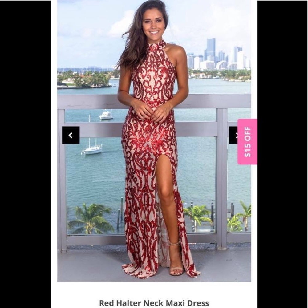 Red halter maxi dress